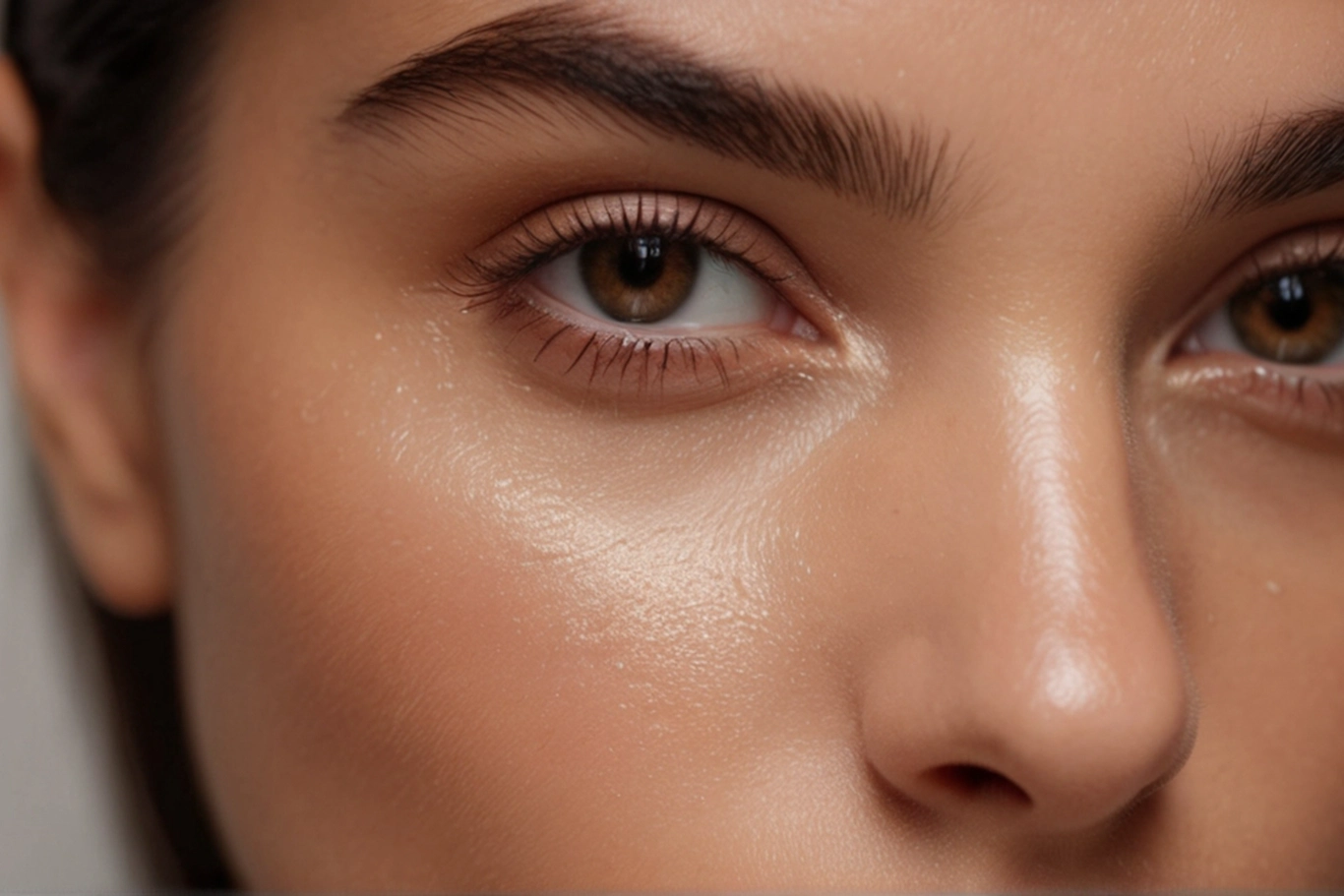 Close up shows precise eyebrow shaping Close up of womans youthful smooth skin with well defined eyebrows